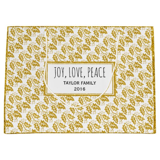 金ゴールドグリッターホリーベリーと文字喜び、愛、平和 ラージペーパーバッグ (正面)