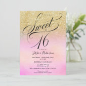 金ゴールドグリッターホログラフィックスクリプトchic Sweet 16 招待状 (スタンド正面)