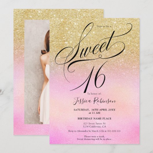 金ゴールドグリッターホログラフィックスクリプトchic Sweet 16 招待状 (正面/裏面)
