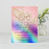 金ゴールドグリッターホログラフィックマスカレードスウィート16 招待状 (スタンド正面)