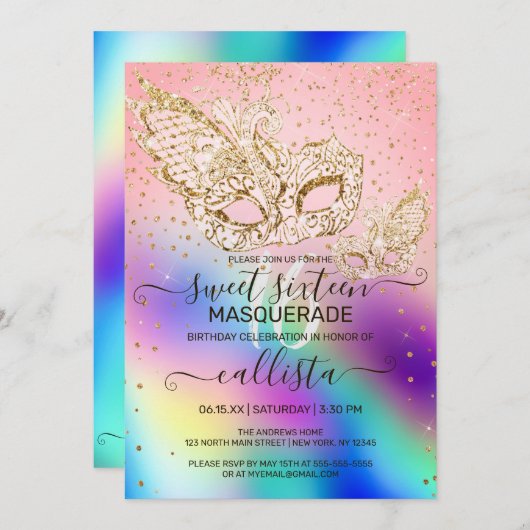 金ゴールドグリッターホログラフィックマスカレードスウィート16 招待状 (正面/裏面)