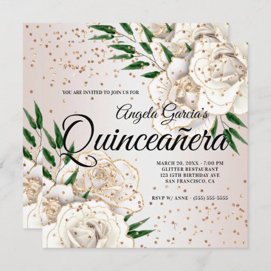 金ゴールドグリッターホワイトフローラグラムキンセアニラ 招待状 (正面/裏面)