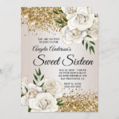 金ゴールドグリッターホワイトフローラグラムSweet sixteen 招待状 (正面/裏面)