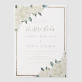 金ゴールドグリッターホワイトフローラヌエストラボダ結婚ズ ベラム紙招待状 (正面)