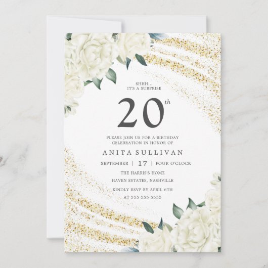 金ゴールドグリッターホワイトフローラ220誕生日 招待状 (正面)