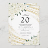 金ゴールドグリッターホワイトフローラ220誕生日 招待状 (正面/裏面)