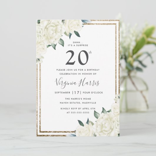 金ゴールドグリッターホワイトフローラ220誕生日 招待状 (スタンド正面)