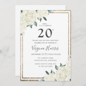 金ゴールドグリッターホワイトフローラ220誕生日 招待状 (正面/裏面)