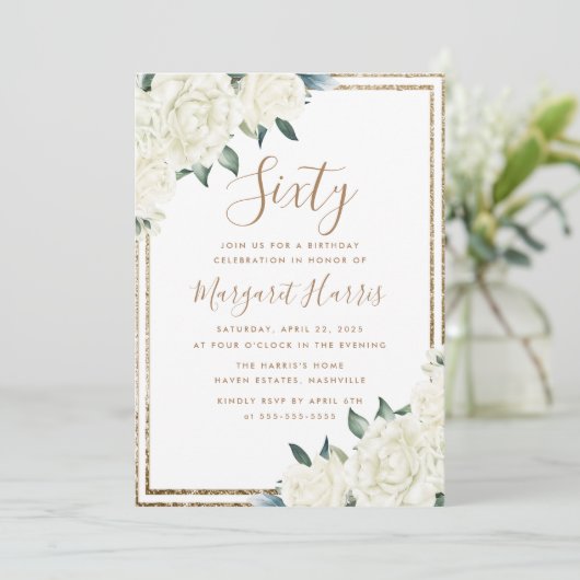 金ゴールドグリッターホワイトフローラ60th60誕生日 招待状 (スタンド正面)
