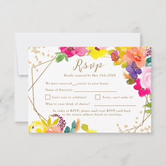 金ゴールドグリッターボはっきりしたホ結婚フローラ 出欠カード (正面)