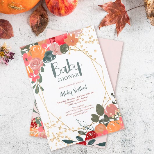 金ゴールドグリッターボホフローラ水色ベビーシャワー 招待状