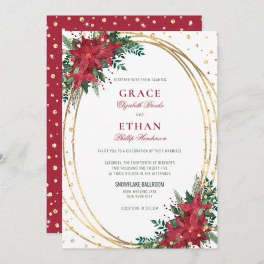 金ゴールドグリッターポインセチア結婚クリスマス 招待状 (正面/裏面)