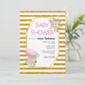 金ゴールドグリッターポリゴン、ティーカップフローラベビーシャワー 招待状 (スタンド正面)