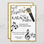 金ゴールドグリッターマイク音符カラオケパーティー 招待状 (正面/裏面)