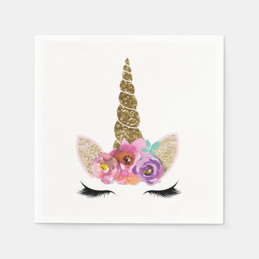 金ゴールドグリッターマジカルユニコーンホーンバースデーパーティー スタンダードカクテルナプキン (正面)