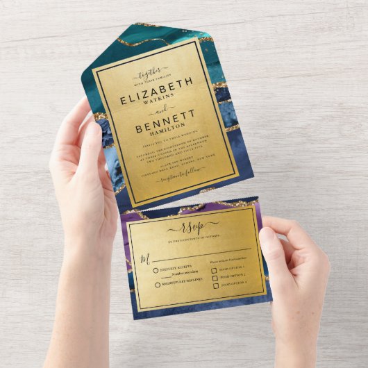 金ゴールドグリッターマーブルアゲ結婚ート オールインワン招待状 (貼ってはがせる)