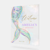 金ゴールドグリッターマーメイドテールアンダーザシーウェルカム アクリルサイン (傾斜)