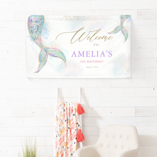 金ゴールドグリッターマーメイドテールアンダーザシーウェルカム 横断幕 (インサイチュ)