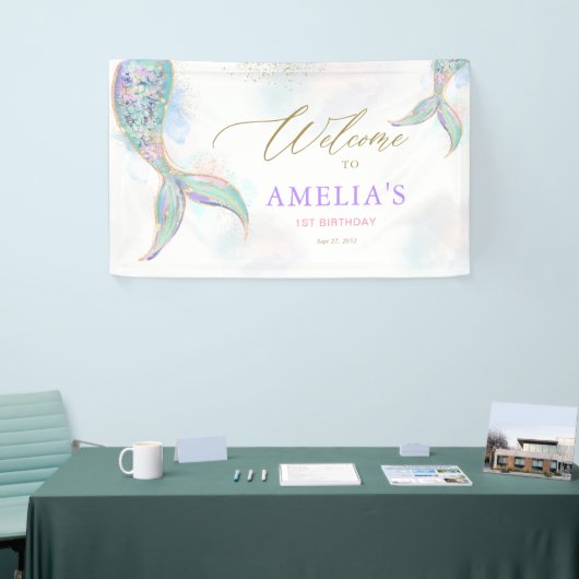 金ゴールドグリッターマーメイドテールアンダーザシーウェルカム 横断幕 (トレードショー)