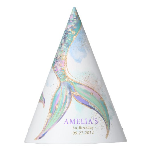 金ゴールドグリッターマーメイドテールアンダーザシー誕生日 パーティーハット (正面)