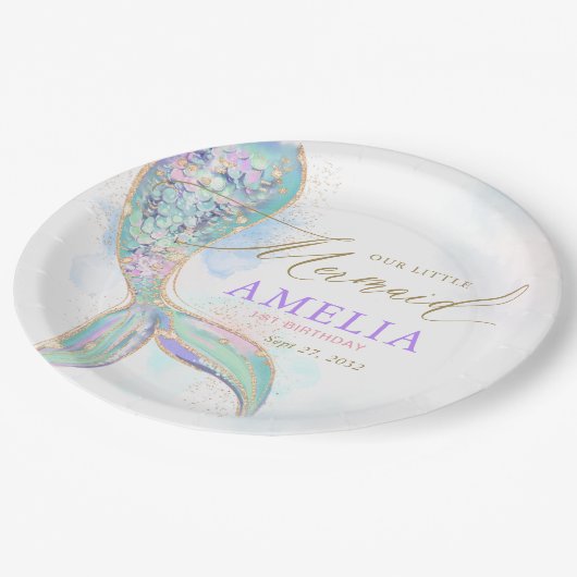 金ゴールドグリッターマーメイドテールアンダーザシー誕生日 ペーパープレート (アングル)