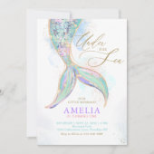 金ゴールドグリッターマーメイドテールアンダーザシー誕生日 招待状 (正面)