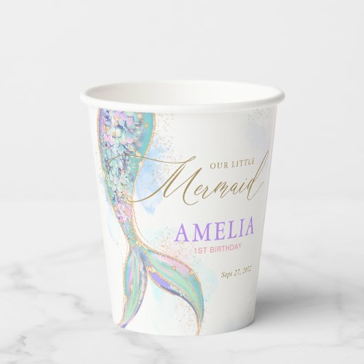 金ゴールドグリッターマーメイドテールアンダーザシー誕生日 紙コップ (裏面)