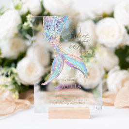 金ゴールドグリッターマーメイドテールダイブイン子供の誕生日 アクリル招待状