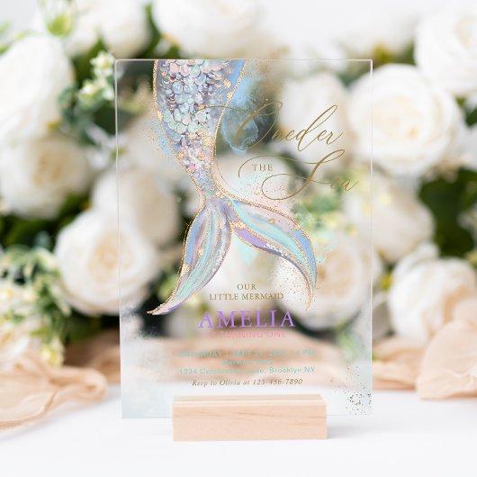 金ゴールドグリッターマーメイドテールワンダーザシー誕生日 アクリル招待状