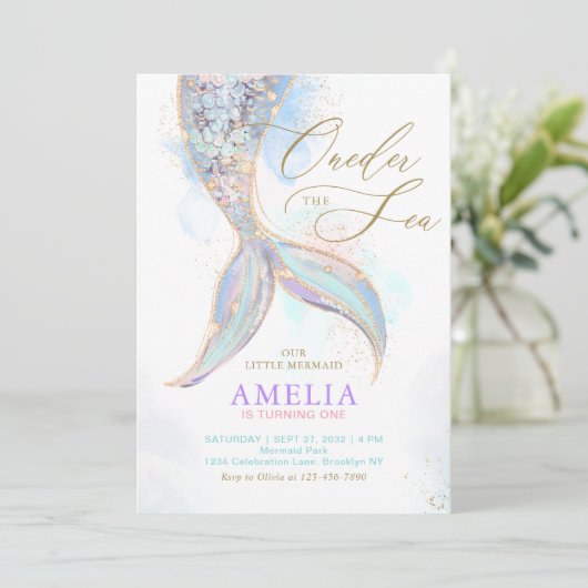 金ゴールドグリッターマーメイドテールワンダーザシー誕生日 招待状 (スタンド正面)