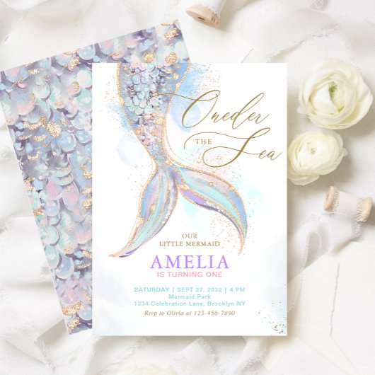 金ゴールドグリッターマーメイドテールワンダーザシー誕生日 招待状