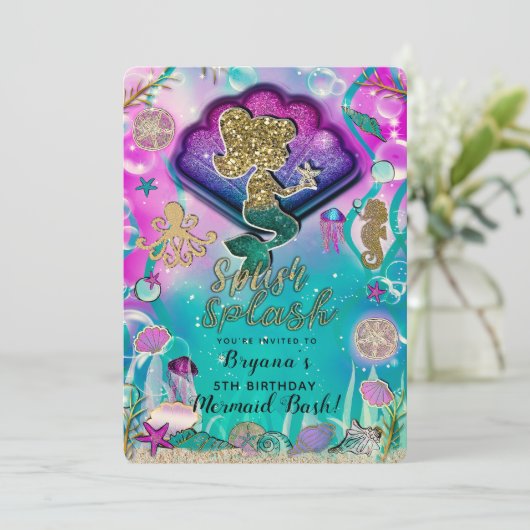 金ゴールドグリッターマーメイド&シェルズアンダーザシーパーティー 招待状 (スタンド正面)