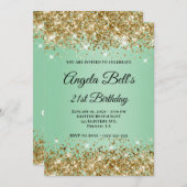 金ゴールドグリッターミントグラデーションモノグラム21歳の誕生日 招待状 (正面/裏面)