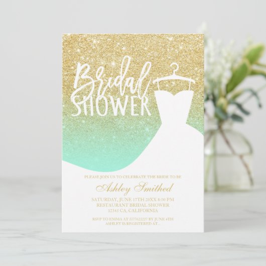 金ゴールドグリッターミントシックドレエレガントスブライダルシャワー 招待状 (スタンド正面)