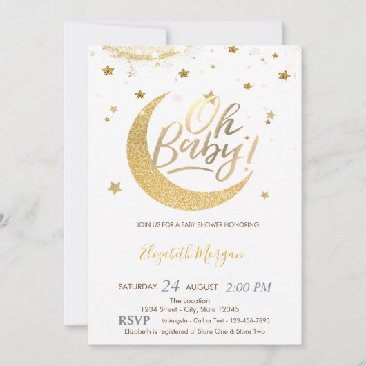 金ゴールドグリッタームーンスターズ赤ちゃんシャワー 招待状 (正面)