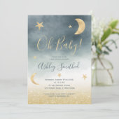 金ゴールドグリッタームーンスターブルー水色ベビーシャワー 招待状 (スタンド正面)