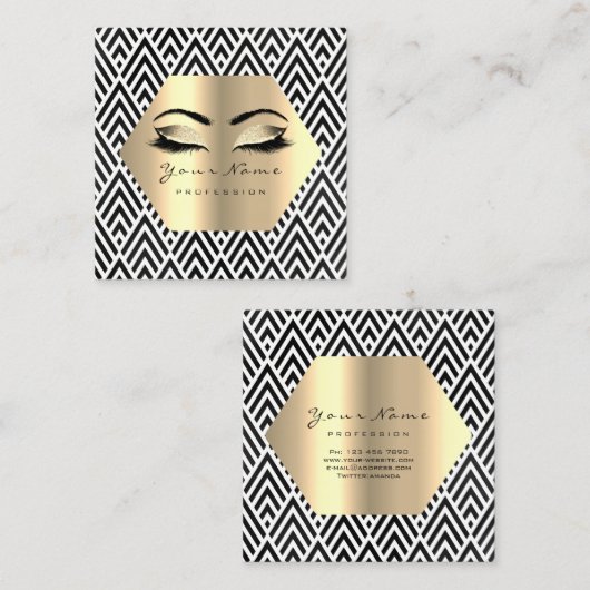 金ゴールドグリッターメイクアップまつげ白黒Chevron スクエア名刺 (正面/裏面)