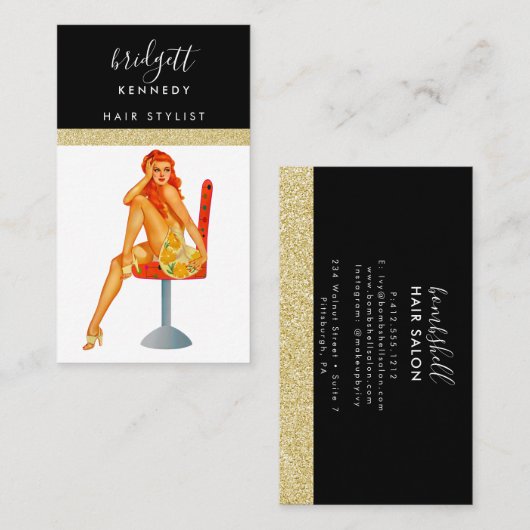 金ゴールドグリッターメイクアップアーティストヘアサロン 名刺 (正面/裏面)