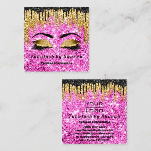 金ゴールドグリッターメイクアップアーティストラッズロゴピンク スクエア名刺 (正面/裏面)