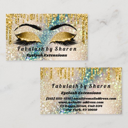 金ゴールドグリッターメイクアップアーティスト遺跡自筆証書ティール(緑がかった色) 名刺 (正面/裏面)