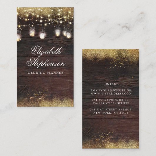 金ゴールドグリッターメイソンジャーライトカントリーウ素朴ッド 名刺 (正面/裏面)