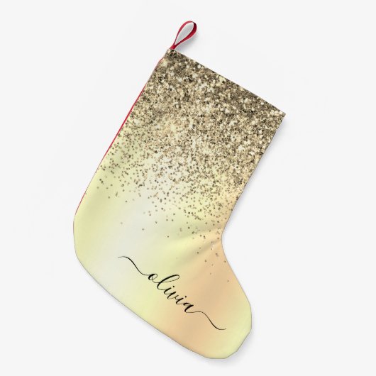金ゴールドグリッターメタルモノグラムグラム名 スモールクリスマスストッキング (正面 (吊り時))