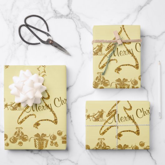 金ゴールドグリッターメリークリスマスサンタクロース金ゴールド ラッピングペーパーシート (正面)