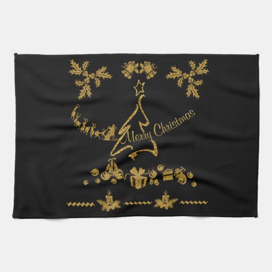 金ゴールドグリッターメリークリスマスサンタクロース キッチンタオル (横)