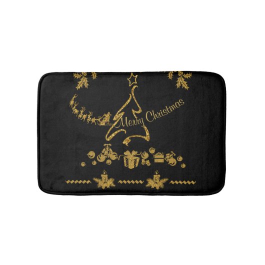 金ゴールドグリッターメリークリスマスサンタクロース バスマット (正面)