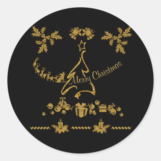金ゴールドグリッターメリークリスマスサンタクロース ラウンドシール (正面)