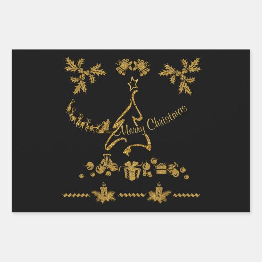 金ゴールドグリッターメリークリスマスサンタクロース ラッピングペーパーシート (正面)