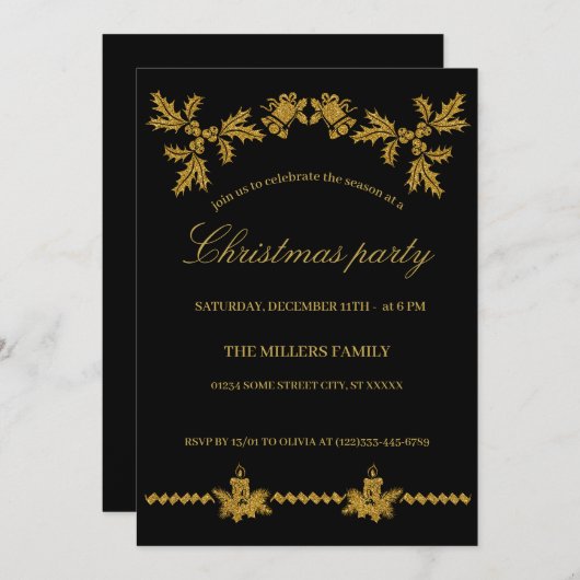 金ゴールドグリッターメリークリスマスサンタクロース 招待状 (正面/裏面)