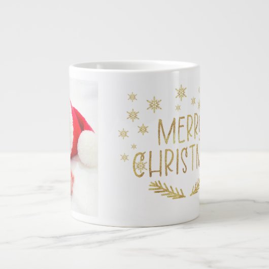 金ゴールドグリッターメリークリスマススノーフレークフォトマグカップ ジャンボコーヒーマグカップ (正面)