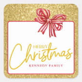 金ゴールドグリッターメリークリスマスレッドボウフェスティバル スクエアシール (正面)